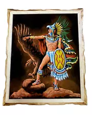 AZTECA VELVET PAINTING,HAND PAINTED, AZTEC WARRIOR , AZTEC PAINTING ,18"X 22"