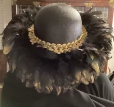 Black and Gold Embroidered Feathered Elegant Hat