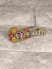 Vintage Italian Micro Mosaic Millefiori Guitar Brooch Pin Bright Colors Flower