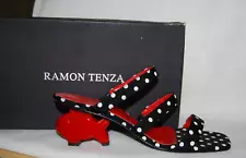 RAMON TENZA SPAIN Sandals Black / White Polka Dots w Red Fish Heel US Size 8 NIB