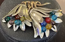 Vtg Art Deco Riveted Pot Metal Multi Colored Glass Stamens Flower Corsage Brooch