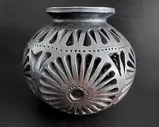 Oaxaca 6.5" x 7" Vase Bowl Black Cut Out Flower Mexican Pottery