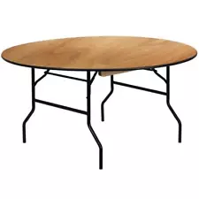 Unbranded Folding Banquet Table 60"L x 30"H Round Wood Top Metal Frame Natural