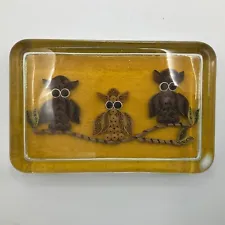 Vintage 3 Owls Quilling Paper Art Paperweight Rolled Filigree Groovy Retro Glass