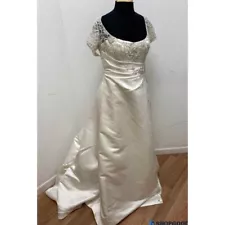 Pronovias Barcelona Sz 16 Ivory Beaded Gathered Waist Wedding Dress Scoop Neck