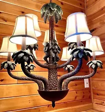 Vintage HUGE Palm Tree Three Wise Monkeys Chandelier Light Fixture 32" Wide