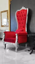 Queen Throne High Back Chair Baroque Tufted Red Velvet w/ Silver Leaf Frame