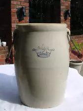 Vintage Two Gallon Pickle Stoneware Crock Blue Crown Mark USA Wood Handles