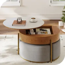 Lifting-Top Coffee Table Round Stone Tabletop with Storage Compartment 3 Stools