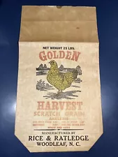 Vintage GOLDEN HARVEST SCRTACH GRAIN 25# Feed Bag Woodleaf, NC Rice & Ratledge