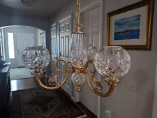 Waterford Crystal Lismore 3-Arm Brass & Crystal Chandelier Hanging Light Signed