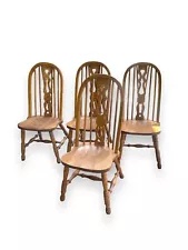 Mid Century Solid Oak High Back Fiddleback Windsor Chairs (Set of 4)