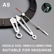 Green Lume Pointed Hollow Silver Trim 13mm Watch Hands for Miyota NH35/NH36/NH38