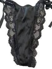 Victoria's Secret Vintage Silk & Lace Thong Side Tie Black M Medium Y2K 2000