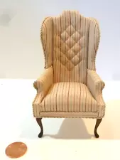 DONNA & JIM JOHNSON DOLLHOUSE MINIATURE HAND CRAFTED WING CHAIR STRIPED SIGNED