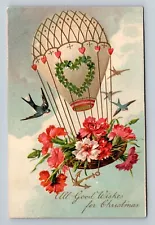 Hot Air Balloon Flowers Birds All Good Wishes for Christmas Embossed Postcard