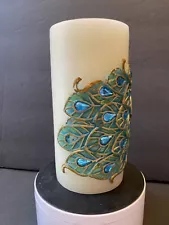 Pier 1 Imports Unscented Pillar Candles Peacock & Feathers 3in x 6in - Read Desc