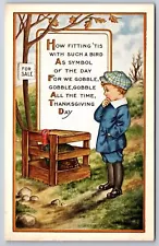 Thanksgiving~Boy In Blue Ponders Turkey in Crate~For Sale Sign~Whitney Made