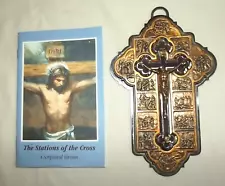 Stations of the Cross Plaque Trefoil Tipped Crucifix w Free Booklet Very Fine