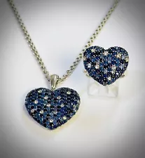 EFFY Sterling Blue Sapphire Heart Cluster Sz7.25 Ring & 18”Necklace/pendant