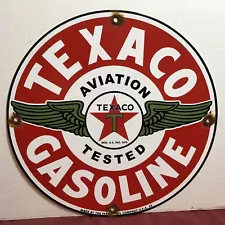 VINTAGE 1949 DATED TEXACO AVIATION TESTED GASOLINE WINGS PORCELAIN SIGN GAS OIL