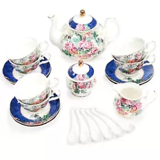 15 Piece Blue Floral Porcelain Tea Set, Pink Flower Ceramic Tea Cup and Sauce...