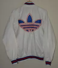 Vtg 80s ADIDAS White Satin Bomber Jacket Trefoil Hip Hop RUN DMC Style GB 36