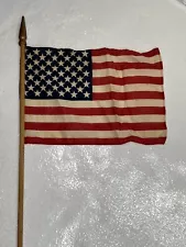 Vintage American Parade Stick Cloth Flag on Wooden Flag Pole with Gold Topper