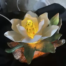 Porcelain Night Light White Magnolia Flower on Log - *LIGHTS UP -mint