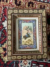 VTG Persian Hunting Scene Oil Painting Bone, Khatam Inlay Marquetry Wood frm