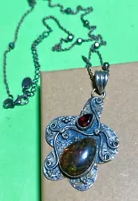 Vintage AV Sterling Silver GARNET & Lightning Ridge Black OPAL 925 Necklace 19”