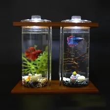 New ListingGlass Betta Fish Tank Bamboo Base Mini Aquarium Goldfish Tank Desktop Decoration