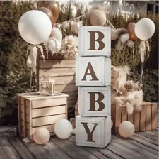 4 pc Baby Shower BABY Boxes for Decoration Wood Grain Blocks Used Once