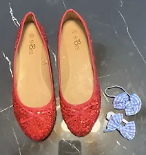 Halloween Dorothy Adult Shoes Ruby Red Glitter Slippers Size 11 And Hair Ties