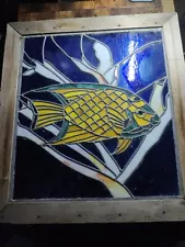 Stained Glass Panel Yellow Fish Very Large 20 X 24 Ocean Vintage Beautiful