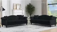 79" Chesterfield Sofa Black Velvet for Living Room, 3 Seater Sofa