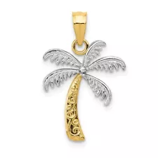 14k Yellow Gold w/Rhodium Palm Tree Pendant Gift for Women