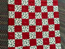 Handmade Christmas Throw Tied Patchwork Quilt Puffy 34" Red Green Holly