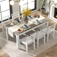 Farmhouse Dining Table Set for 6 Extendable Table & 6 Upholstered Dining Chairs