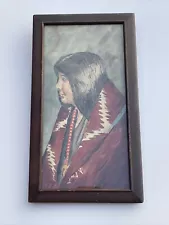 Antique Native American Indian Painting Woman Blanket Tribal Small Gem Vintage