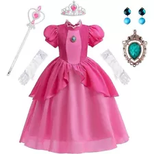 Princess Peach Costume Dress Halloween Cosplay Dress Up for 3-9 Years Girls Kids