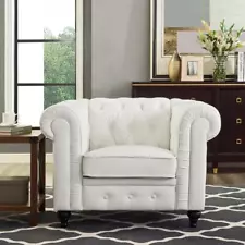 HOMESTOCK Arm Chair 44" w/ Solid Wooden Legs, Tufted Cushions Faux Leather White