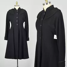 Medium 1950s Black Wool Princess Coat Faux Persian Fur Trim Fit & Flare Overcoat