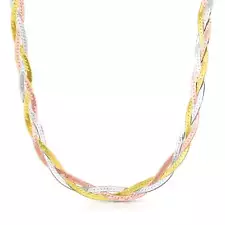 Tri Color Sterling Silver Braided Herringbone Necklace for Women