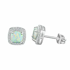 Lab Created Fire Opal White Topaz Halo Sqaure Stud Earrings 925 Sterling Silver