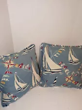 2 Nautical Sailboat With Flag Throw Pillow 15x15 Inch. Light Blue Indoor Outdoor