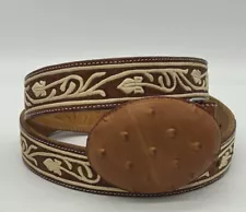 Mexico Handmade Leather Pinta Belt Natural Ostrich Buckle Sz 38