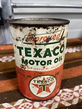 FULL ~GREAT SHAPE~ pre 1954 era TEXACO IMPROVED MOTOR OIL Old 1 qt. Tin Can