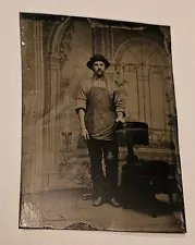 Antique Tin Type Photo Man with Apron & Chair Barber or Shoeshiner? See Photos