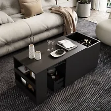 Flat Pull Out Coffee Table with Storage Shelf Concealed Compartment Black